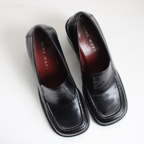 Nine West Women's Kinetic Black Leather Y2K Square Toe Loafer Heels Size 7 - Picture 5 of 8